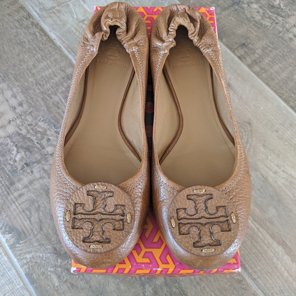 Tory Burch Reva Tumbled Leather Royal Tan Flats
